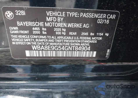 2016 BMW 328I z USA, uszkodzony, nr VIN WBA8E9G54GNT84904